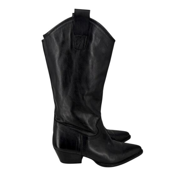 Zara Tall Western Leather Boots Black Womens Size 7.5 Point Toe Cowgirl - Picture 3 of 16